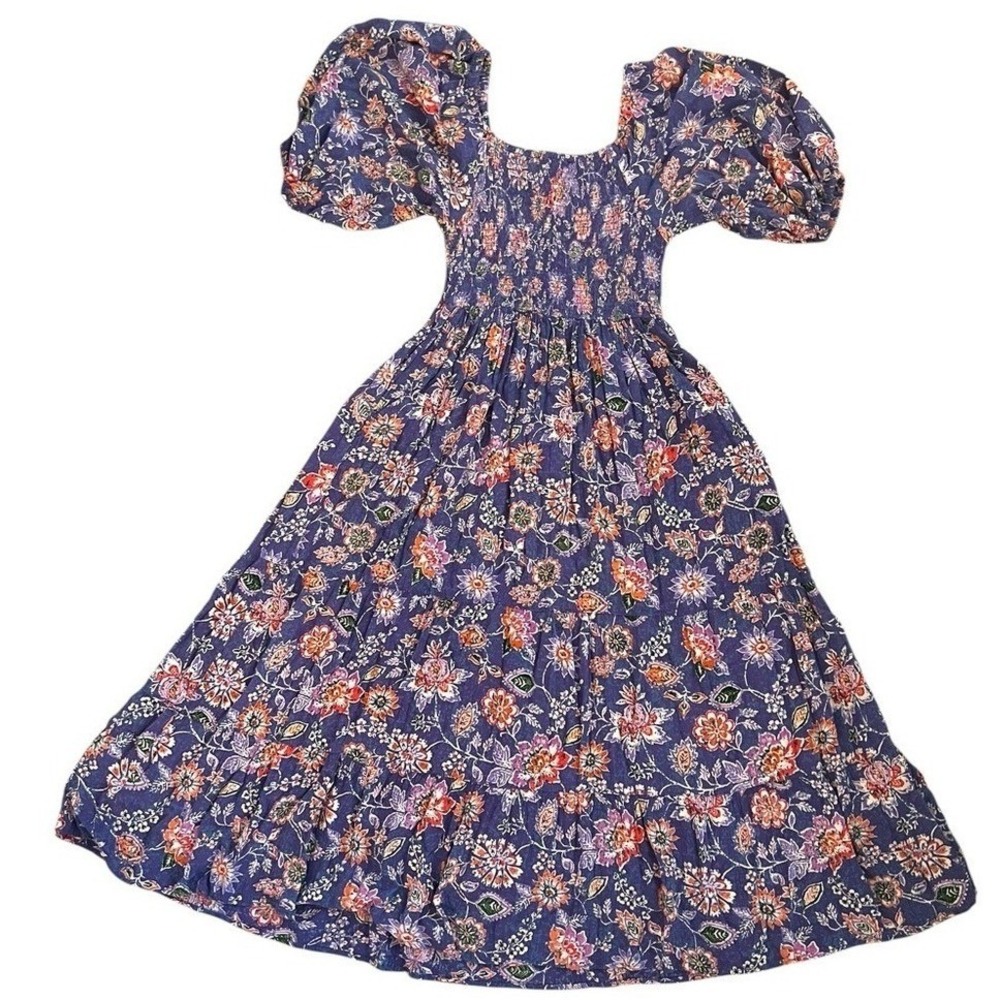 Angie Floral Tiered Maxi Dress Womens M Puff Sleeve Smocked Pockets Boho Cottage